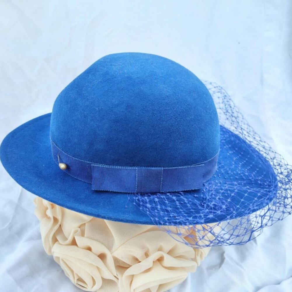 💙 Vintage Lancaster 100% Wool Royal Blue Felt Hat with Veil - Made in USA 1950s